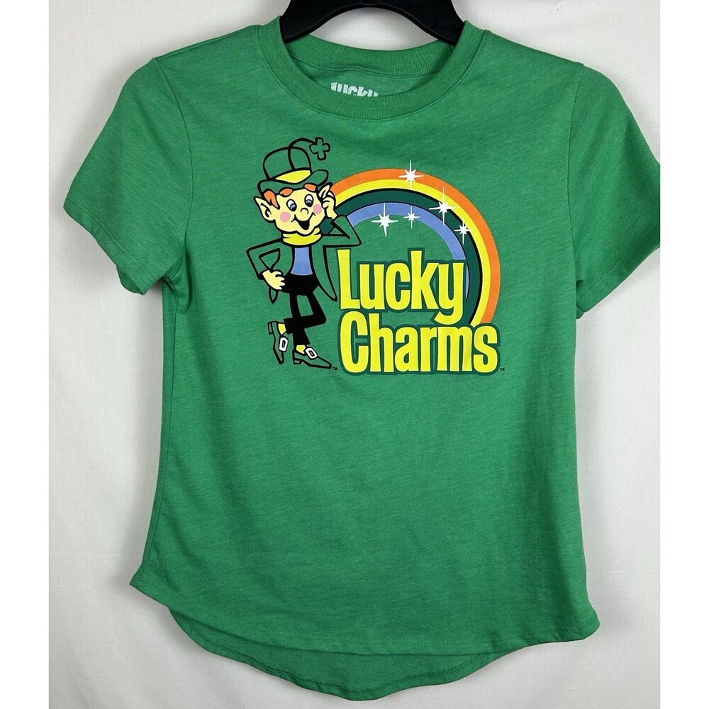 Lucky Charms Kids T-Shirt X-Small Graphic Green Short Sleeve Rainbow